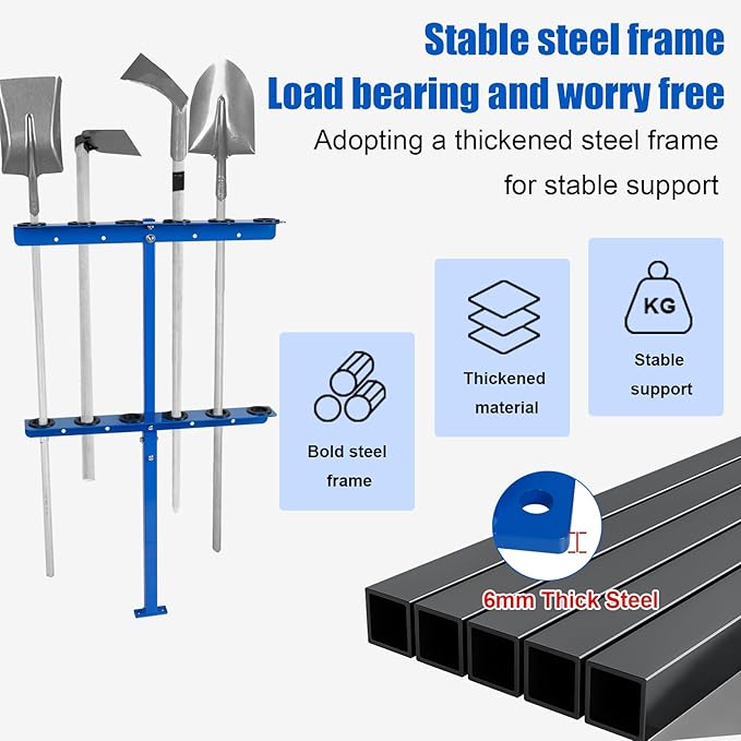 Vertical Hand Rack for Enclosed Landscaping Truck Trailer Garage or Shed Walls Holds 6 Tools for Shovels, Rakes, Hoes, Open Trailer Storage, 1 Pack (Blue)