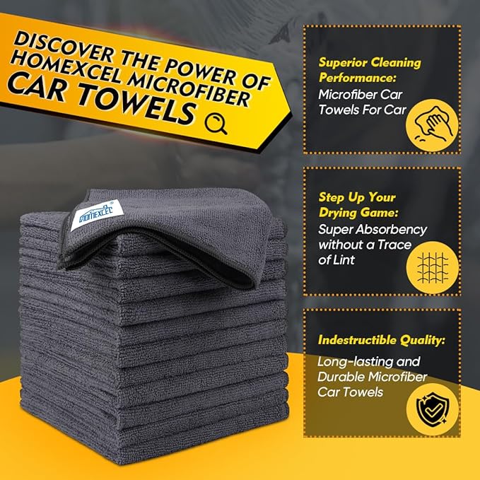 HOMEXCEL Microfiber Cleaning Cloth 12 Pack, 12.5 x 12.5 inch Microfiber Towels for Cars, Ultra Absorbent Car Washing Cloth, Lint Free Streak Free Cleaning Rags for Car, Kitchen, and Window (Grey)