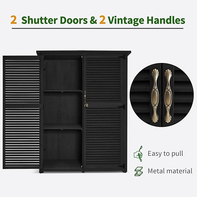 MCombo Outdoor Storage Cabinet, Wooden Storage Shed with Latch, Outside Garden Tool Shed with 2 Doors for Patio Yard Lawn, 1900 (Black, Large)