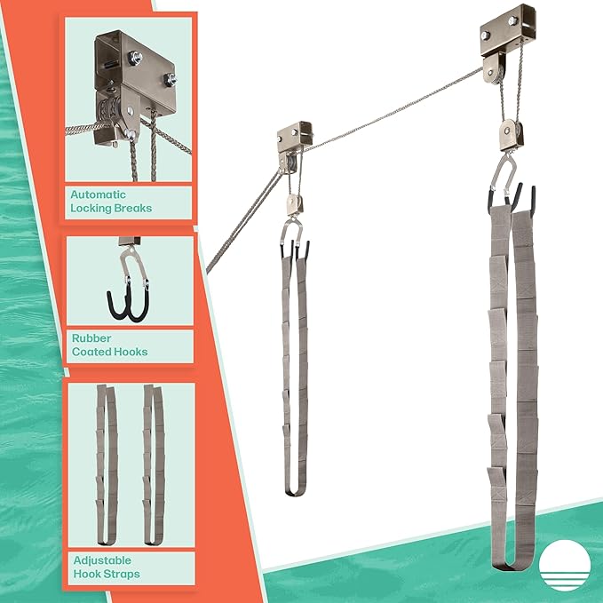 RAD Sportz Kayak Storage Hoist - Overhead Pulley System with 125lb Capacity for Canoes, Bikes, Ladders, and More for Ceilings up to 12ft (Gray)