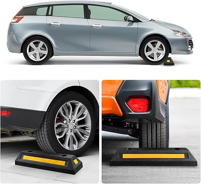 Car Parking Stopper – 2PCs Heavy Duty Rubber Curb Car Stop for Garage and Driveway, Parking Aid, 18” Tire Wheel Stop for Cars, Vans, Trucks – Prevents Hitting Wall or Barrier – Easy Installation