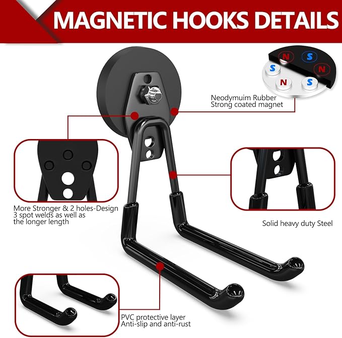 3-H Heavy Duty Magnet Garage Hooks 4 Pack, Extra Large Strong Magnetic Hooks for Hanging Cordless Power Drill, Utility Magnetic Tool Holder for Metal Cabinet, Steel Pegboard, Toolbox, Garage(Black)