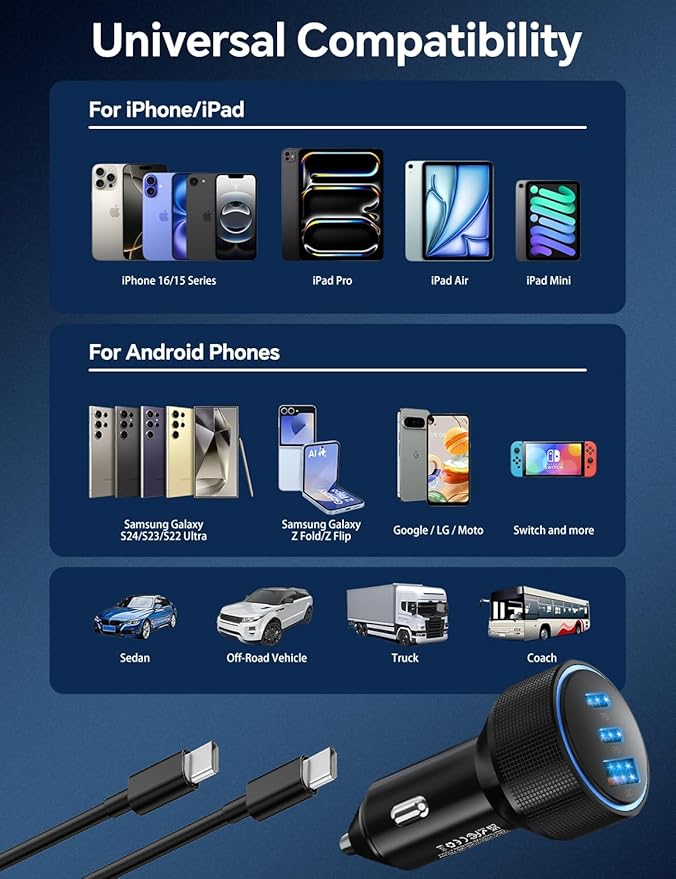 for iPhone 15/16 Pro Max Car Charger, 72W 3-Port Fast USB C Car Charger Power Cigarette Lighter Adapter with 2x3FT USB C to C Cable for iPhone 15/15 Plus/15 Pro Max/16/16 Pro Max, iPad Pro/Air/Mini