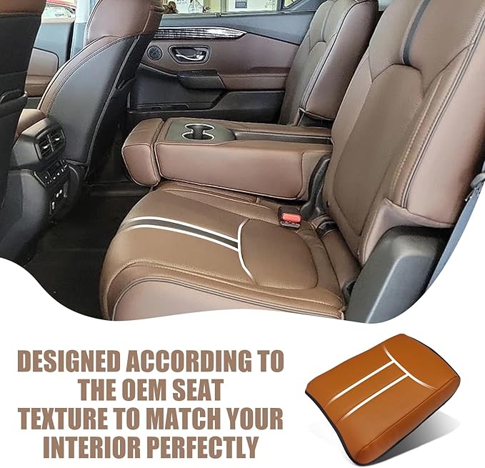Muslogy Center Console Cover Compatible with Honda Pilot 2023 2024 2025, 2024-2026 Ridgeline/Passport Accessories Armrest Pad Lid Cushion Console Protector Vegan Leather Extra Soft(Light Brown)