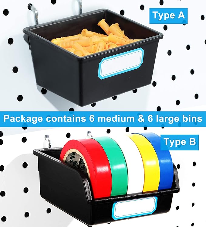 FRIMOONY Pegboard Bins with Hooks and Labels, for Organizing Accessories, 6 Pack Type A and 6 Pack Type B, Black