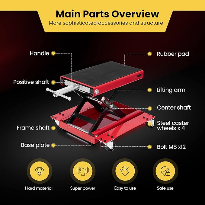 VIVOHOME 1100 Lbs Steel Wide Deck Motorcycle Lift ATV Scissor Lift Jack with Dolly and Hand Crank Bikes Garage Repair Hoist Stand Red