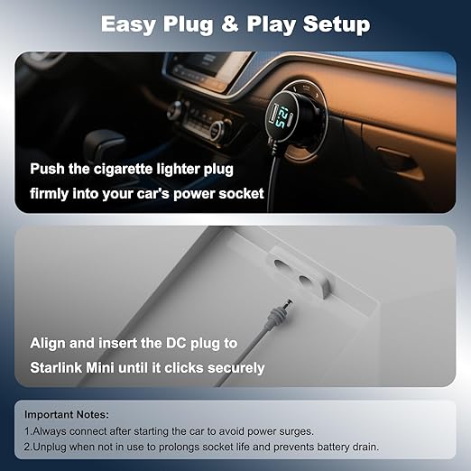 Starlink Mini Car Adapter 3M/10FT, Starlink Cable Car Charger 12V-24V, Starlink Mini Cigarette Lighter Adapter with Digital Display, Built-in Protections Starlink Accessories