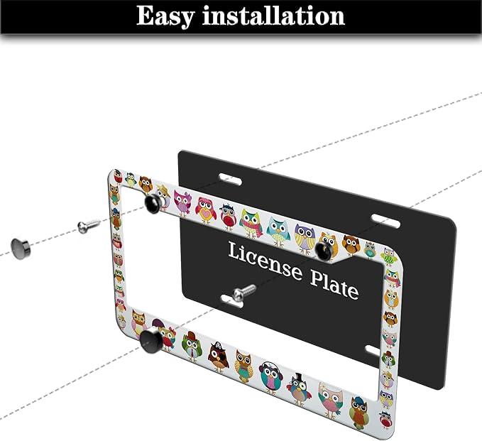 License Plate Frames for Women Multicolor License Plate Frame for Men Cute Owl Universal Aluminum Car Accessory 2 Pack with Screw Covers Set