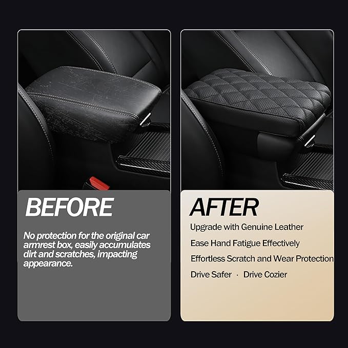 Car Center Console Cover pad Genuine Cowhide Leather,Black Armrest Box mat, Vehicle Arm Rest Cushion Protector,Memory Foam true cow Leather (sizeB 14 x 8 x 2.2 inch(midsize cars and SUVs)
