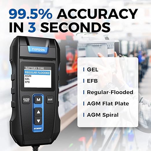 Car Battery Tester 12V 24V 100-2000CCA Lead-Acid Battery, TOPDON BT300P Alternator Tester, Load Tester, with Built-in Printer, Spark Free Metal Clamps, Automatic Reverse Polarity Protection