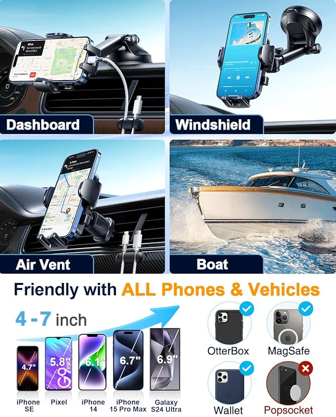 [True Military-Grade & 360 Degrees Rotatable Suction] 2025 YRU Ultimate Car Phone Holder Mount 【90+LBS Safest Strongest & Patent Certs】Dashboard Windshield Vent for iPhone 16 15 Pro Max Samsung, Blue