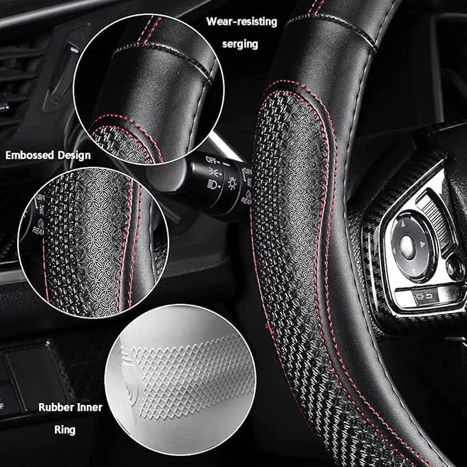 Leather - Car Steering Wheel Cover 15 inch Universal Fit Microfiber Steering Wheel Cover Anti-Slip, Soft, Breathable, Full Surround Car Wheel Cover (Red)