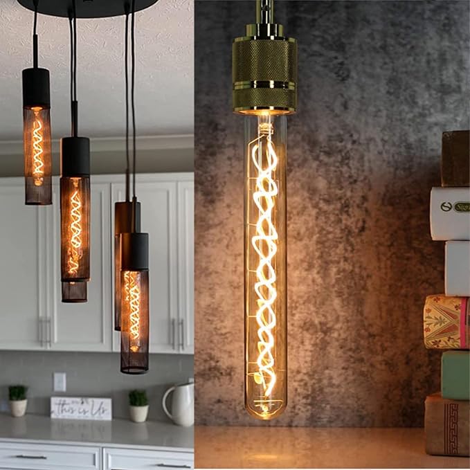 Leools Vintage LED Spiral Filament Bulb T10,11.8inch Long Tubular Dimmable Edison Light Bulbs,E26 Medium Base,Amber Glass,Warm White,2200K,400LM(40W Equivalent),T30 Led Tube Bulb,Pack of 4.