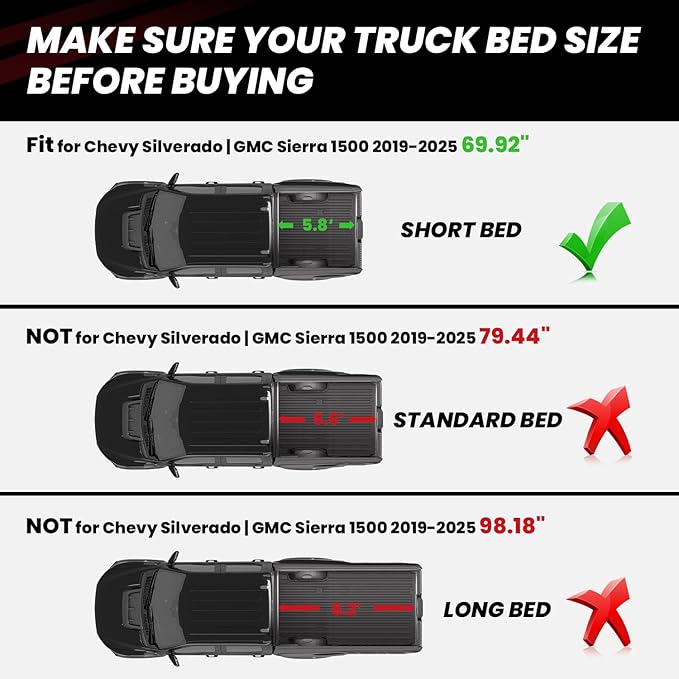 LASFIT Truck Bed Mat 2019-2025 for Chevrolet Chevy Silverado 1500 | GMC Sierra 1500 (Only Fit 5.8FT Bed), Bed Liner for Chevy Silverado GMC Sierra 1500, Not Fit Optional CarbonPro Bed