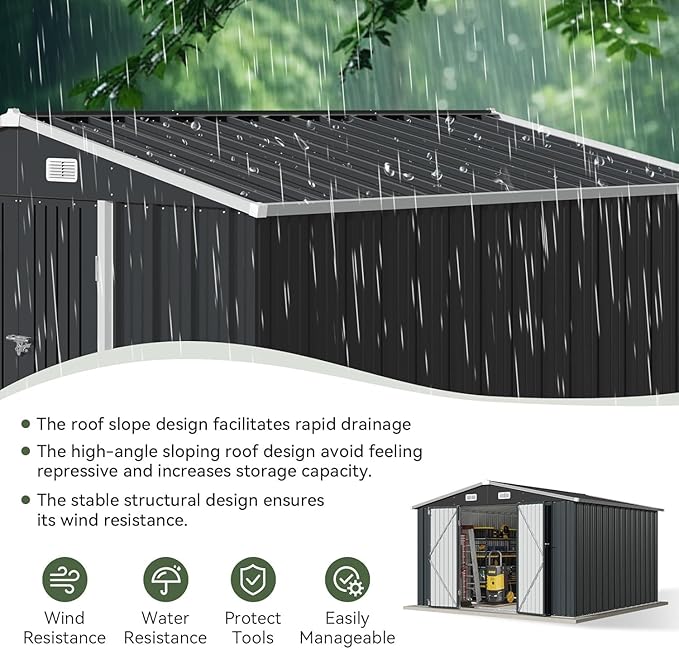 10x10 FT Shed Outdoor Storage Shed with Base, Large Shed Steel Utility Tool Shed Storage House with Door & Lock, Metal Sheds with Sloped Roof for Garden Patio Poolside, Black