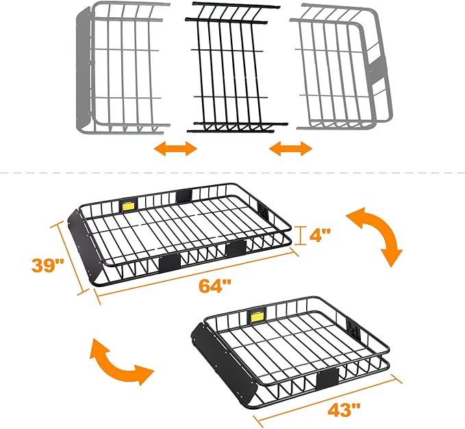 XCAR 64"x 39"x 4" Universal Roof Rack Basket Black with 3' x 4' Cargo Net and Rooftop Cargo Carrier Bag 15 Cubic ft - Car Top Luggage Storage Holder Baskets for SUV Truck Vehicle