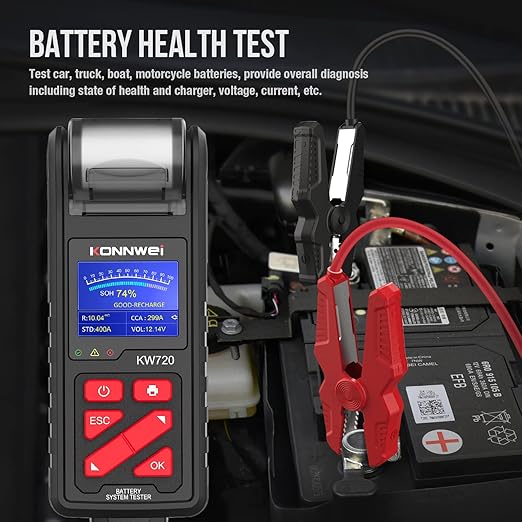 KONNWEI KW720 Car Battery Tester 6V 12V 24V W/Printer, Battery Load Tester Automotive 100-2000CCA Digital Auto Battery Analyzer Alternator Starter Tester for Car Truck Motorcycle(Paper Included)