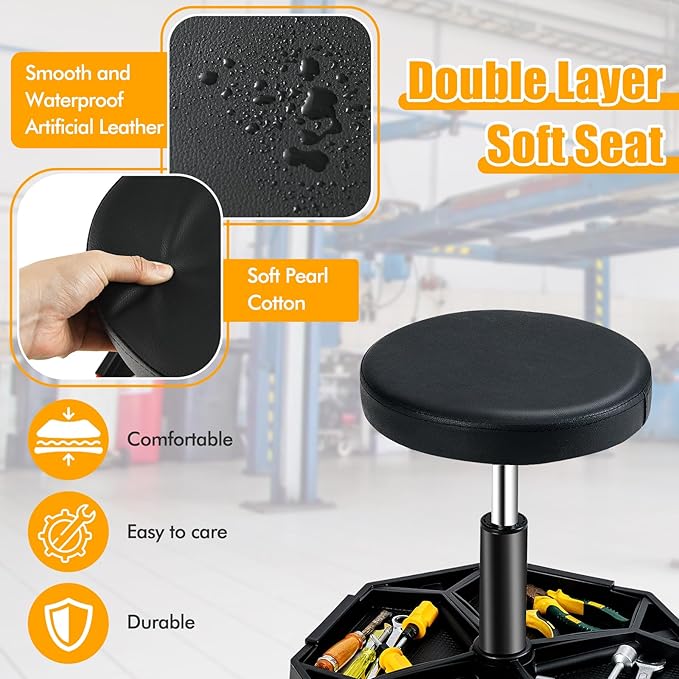 Adjustable Mechanic Rolling Stool, Pneumatic Rolling Stool with Wheels, Tool Storage Tray & Padded Seat Cushion, Garage Stool Chairs Creeper Seat (Black)