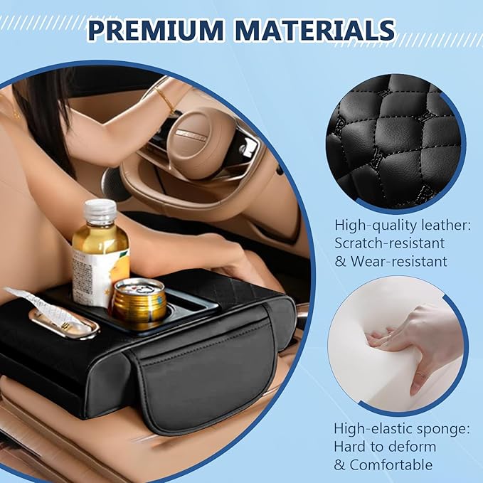 Universal Car Armrest Cushion Organizer, Leather Armrest Cover for Car, 5-in-1 Center Console Cover with Cup Holder, Tissue Box Slot, Mobile Phone Storage Slot, Black