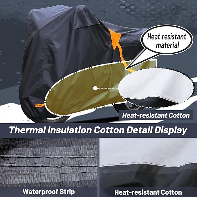 Motorcycle Cover,Waterproof Zipper Outdoor Cover for All Seasons Windproof, High Heat Resistance Dustproof and Rainproof Snowproof(Orange Zipper L Fits Up to 91 inch)