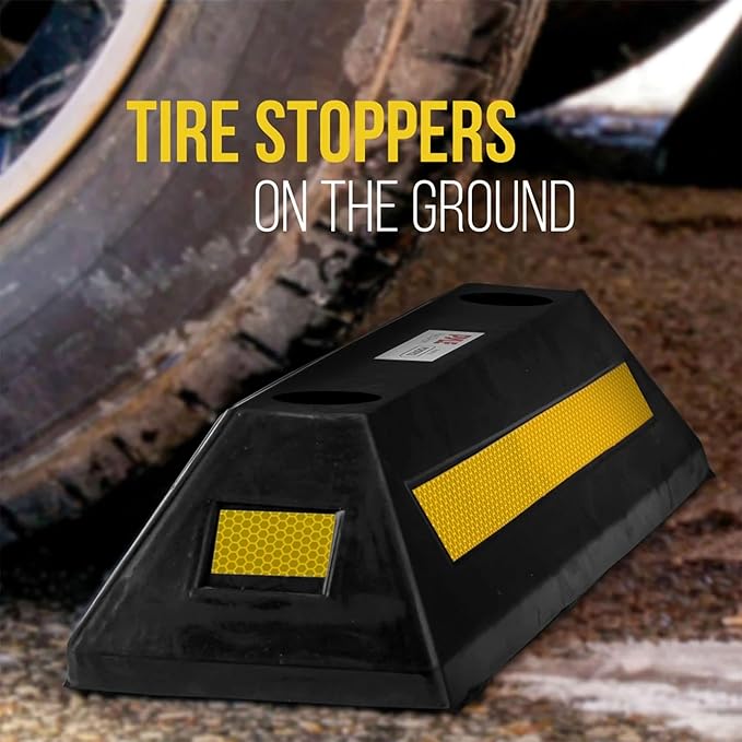 Pyle 2-Pack Heavy Duty Rubber Wheel Stops for Garage Parking – Durable, High-Visibility Tire Blocks for Cars, Trucks, Vans, RVs, Trailers, Forklifts – Reflective Safety Strip Included