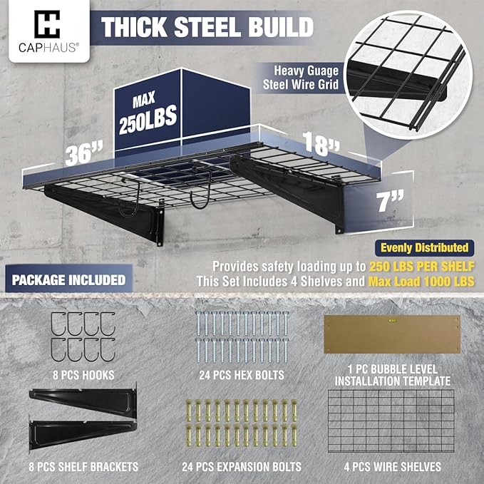 CAPHAUS 2-Pack Garage Shelving Wall Mounted 72x18 Inch, Heavy Duty Metal Wall Shelves with 8 Bike Hooks, 1000lbs Capacity Storage Rack for Garage Organization System, Black
