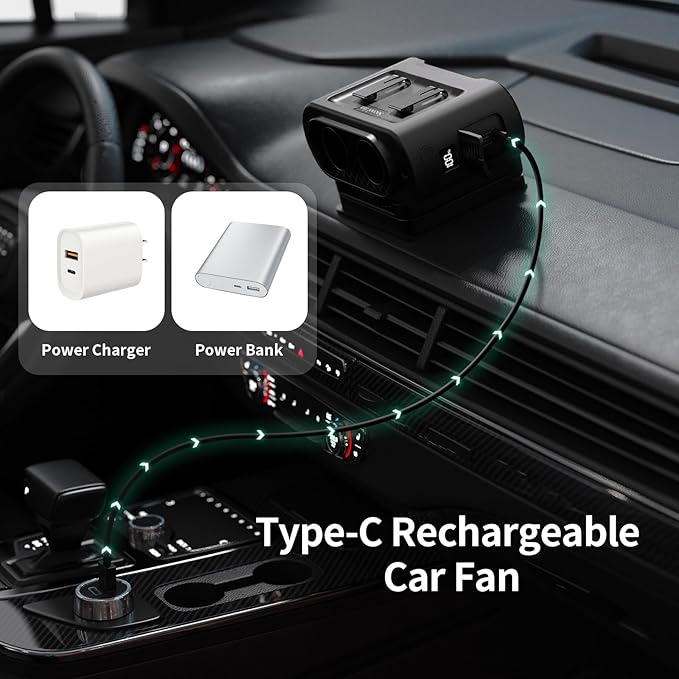 Socool Portable Car Fan - 14500mAh Rechargeable Battery Opearated, Clip on Car Seat Headrest 360 Rotatable, 5-Speed Backseat Fans for Baby Rear Facing Cooling with Dual Air Outlets for SUV RV Truck