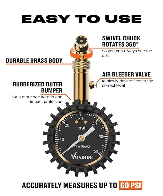 Tire Pressure Gauge - (0-60 PSI) Heavy Duty, Certified ANSI Accurate with Large 2 Inch Easy to Read Glow Dial, Low - High Air Pressure Gauge. Tire Gauge for Car and Trucks Tires by Vondior