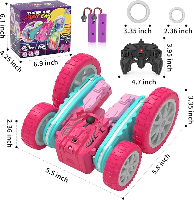 Remote Control Car for Girls, RC Cars 2.4GHz Fast RC Stunt with Strip Light, RC Trucks with Spray 4WD 360° Rotating, Off Road RC Cars Xmas Birthday Gift for Girls (Pink)
