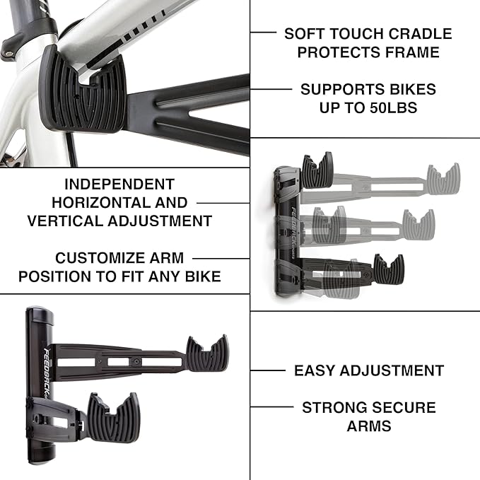 FEEDBACK SPORTS | Velo Wall Rack 2D Bike Storage | Bicycle Hangar Mount W/Adjustable Arms | Road, Gravel, Mountain Bike Compatible | For Garage, Apartment, Shed | Black