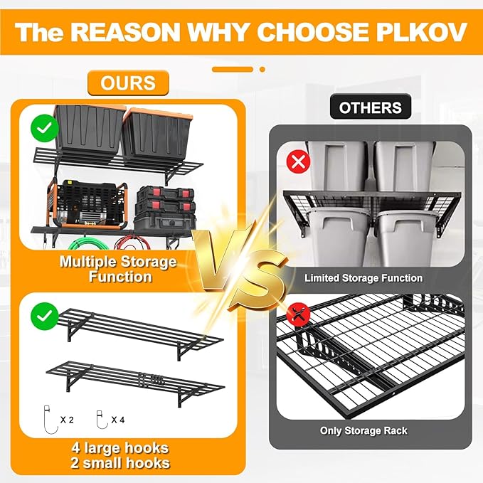 2-Pack 1×4ft Steel Wall Mounted Garage Shelves with Hooks, 300LB Each Heavy Duty Shelving for Garage Storage & Organization