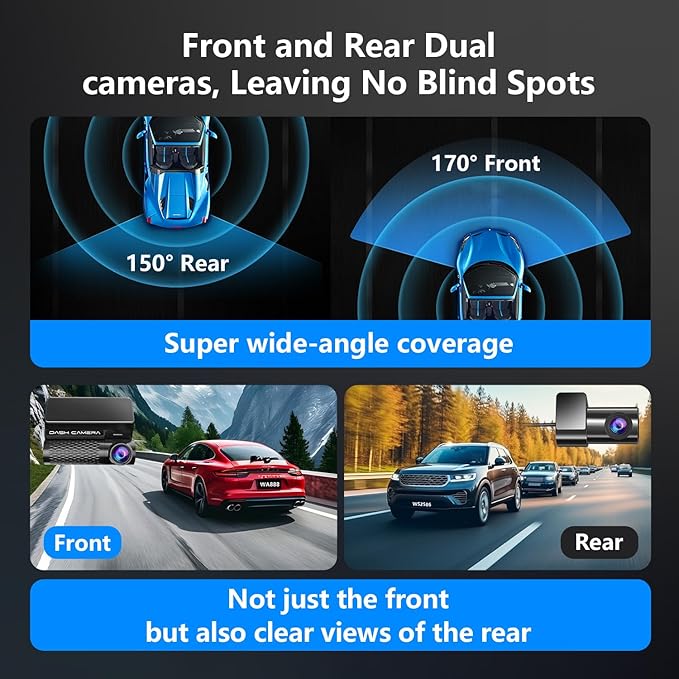 4K Dash Cam Front and Rear, 30FPS Dash Camera for Cars with UHD 2160P Night Vision, 3'' IPS Screen Dual Dashcam Built-in WiFi with GPS, App Control, 24H Parking Mode, G-Sensor