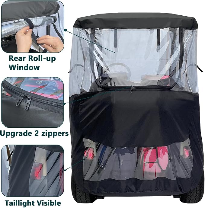 Golf Cart Enclosure 2 Passenger for Club Car Precedent Tempo Onward 2-Seater Waterproof Transparent Driving Rain Enclosure Cover with 4-Sided Clear Windows Mirror Zipper Roll-Up Door Black