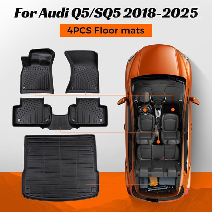 DrCarNow Floor Mats for Audi Q5/SQ5 2018-2025, All Weather Car Floor Mats for Audi SQ5 & Q5 Accessories Cargo Liner Trunk Liner Custom Fit TPE 4-Piece Black 2025 2024 2023 2022 2021 2020 2019 2018