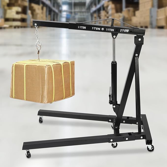 2 Ton Folding Engine Hoist 6.89Ft Lifting Height Heavy Duty Carbon Steel Crane Hoist Lift Hydraulic Powered Folding Engine Hoist Cherry Picker with 6 Wheels for Garage Workshop