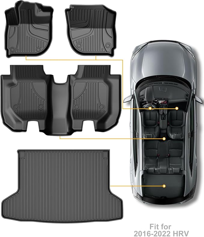 Original Floor Mats & Cargo Liner Fit for Honda HRV HR-V 2016-2022 (AWD Models ONLY) - All Weather Protection HR-V Car Mats Set - 1st & 2nd Row Full Set TPE Car Floor Liners with Trunk Mat Black