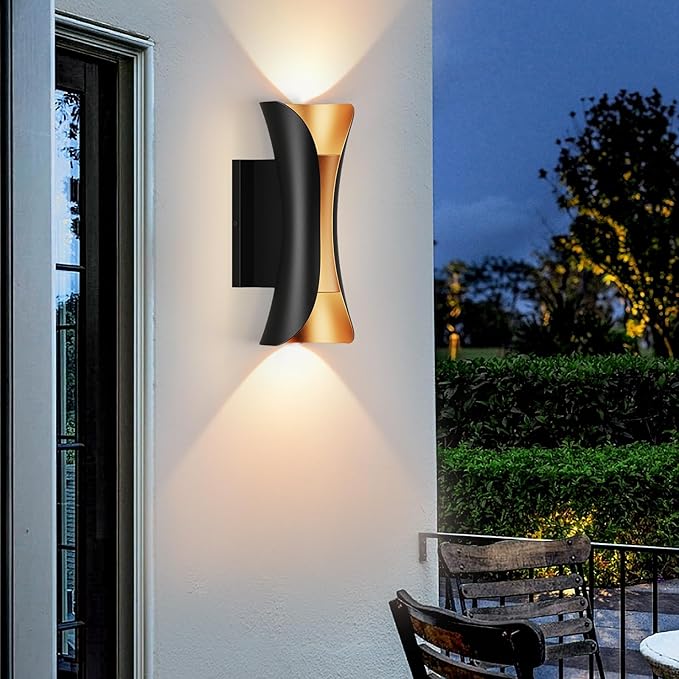 Outdoor Wall Light LED 20W (H) 11.8in Aluminum - Black Gold Waterproof Exterior Lighting Fixture,3000K Warm,Up Down Porch Sconces Brightens to Patio,Garage,Front Door
