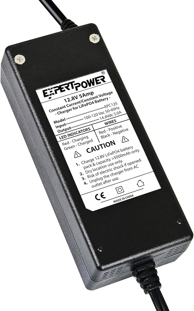ExpertPower 12.8V 5A Smart Charger for Lithium LiFePO4 Deep Cycle Rechargeable Batteries