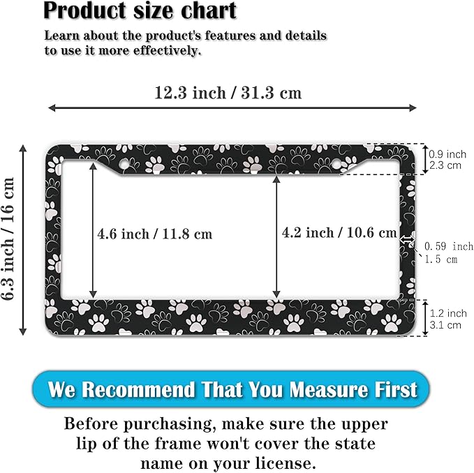 License Plate Holder Black and White License Plate Frames Black White Dog Cat Paw Print Universal Aluminum Car Accessory 2 Pack with Screw Covers Set
