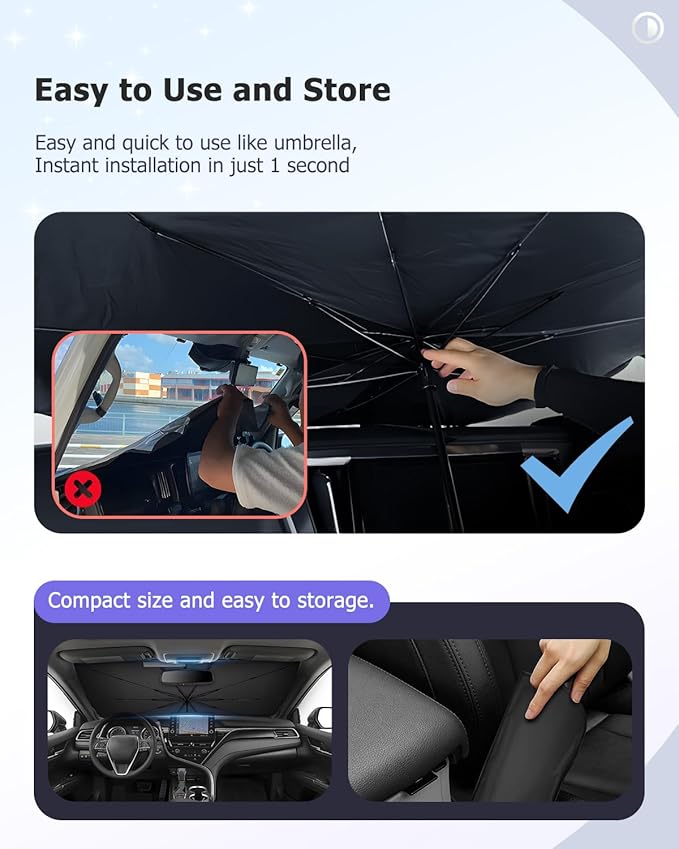 2025 Upgrade Car Windshield Sun Shade Windshield Sunshade Umbrella [Star Fabric] Protect Car from Sun Rays&Heat Damage Keeps Vehicle Cool, Spring Structure Edge Fits Sedans,SUVs,Trucks,Hatchbacks (S2)