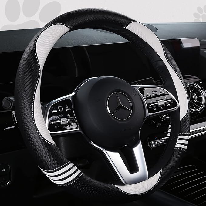Car Steering Wheel Covers for Women Girl Padded Carbon Fiber PU Leather Cute Cartoon Auto Interior Accessories for Jeep, Truck, Universal, Anti Slip, White, Large Size 15.5-16"(39-41cm)