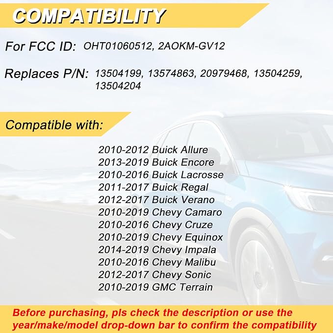 Key Fob Replacement for 2014-2019 Buick Encore/ 10-12 Allure/ 10-16 Lacrosse/ 11-17 Regal/ 12-17 Verano/ 10-19 Chevy Equinox Camaro/ 11-16 Cruze Malibu/ 14-19 Impala/ 12-17 Sonic Keyless,2Pcs