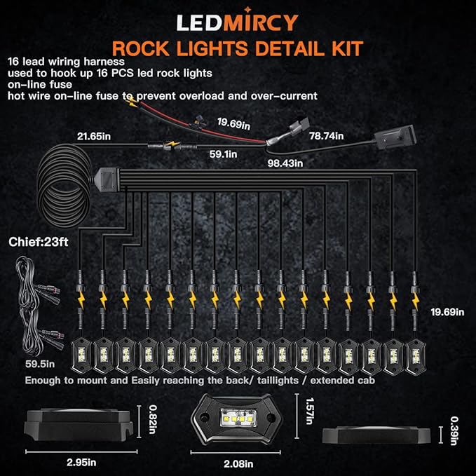 White Rock Lights,LEDMIRCY R3 Pure White LED Rock Lights Kit 16PCS with Switch Wire Harness for Trucks Off Road ATV UTV SUV RZR High Power Under Body Light Waterproof Shockproof Trail Rig Light