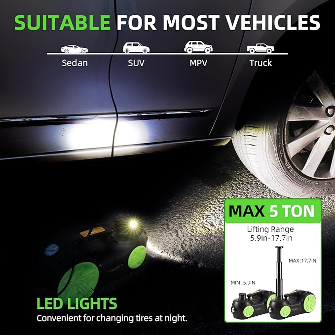 Electric Car Jack Set 5 in 1 Floor Jack Hydraulic Jack Kit 5 Ton Truck Tire Jack Lift with Integrated Tire Pump and Impact Wrench for SUV Truck Sedan Vehicle Roadside Emergency Tire Change