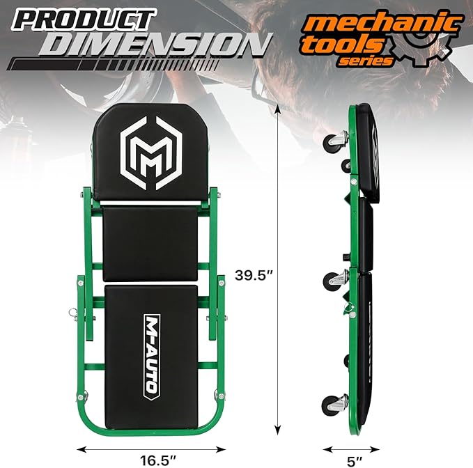 M-AUTO 40-Inch Folding Creeper Rolling Seat, All-in-One Adjustable Roller Garage Chair, Lay Down or Sit, 330LBS Capacity Under Car Roller Creeper with 6 Swivel Casters, Green