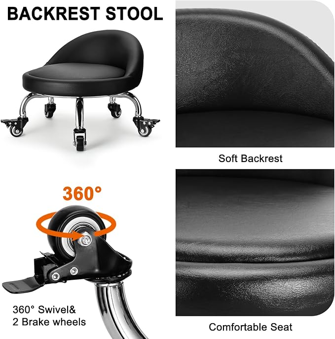 Rolling Stool with Backrest Low Height Rolling Stool with PU Leather, Roller Stool Chair, Roller Seats for Home, Office, Garage, Shop, Library