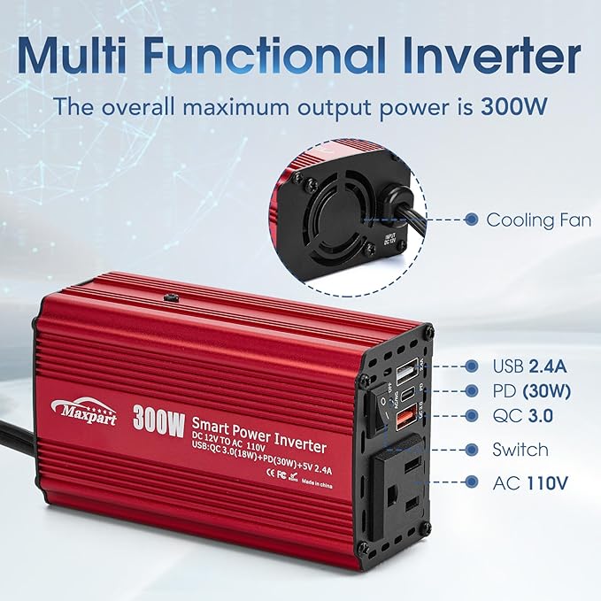 300W Car Power Inverter,12V DC to 110V AC Inverter Converter for Vehicles, PD (Type-C) QC3.0 and 2.4A USB Car Adapter with Cigarette Lighter Ports for Smartphones Laptops Tablets