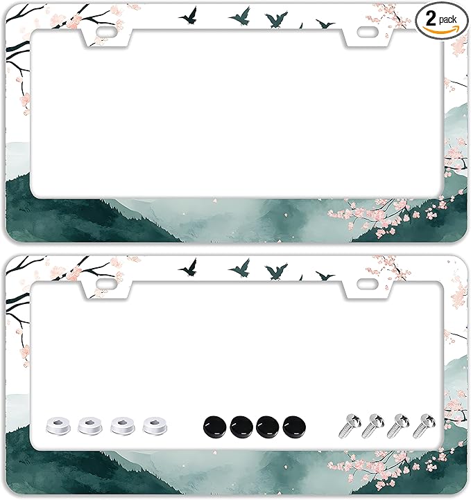 Mountains Cherry Blossom License Plate Frames - 2 Pcs Set 2 Holes Stainless Steel Metal Auto Car Accessories Decoration License Plate Frame Cover Size 6.3" x 12.2" Fit US Vehicles for Women Men Gift