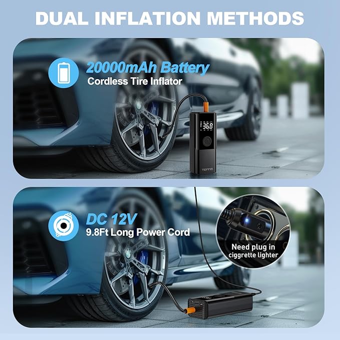 Tire Inflator Portable Air Compressor - 150PSI & 20000mAh Battery, 12V Smart Air Pump for Car Tires, 6X Tire Pump with Pressure Gauge, Auto Shut-off, Motorcycle, SUV, Bike Pump, Bicycle, Balls