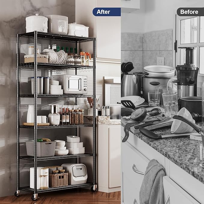Himix 73''H X 35.5''W X14''D 6 Tier Wire Shelf with Wheels 10 Hooks, Adjustable NSF Wire Shelving Unit Heavy Duty Metal Storage Shelves Free Standing Rack Organization for Pantry,Kitchen,Garage